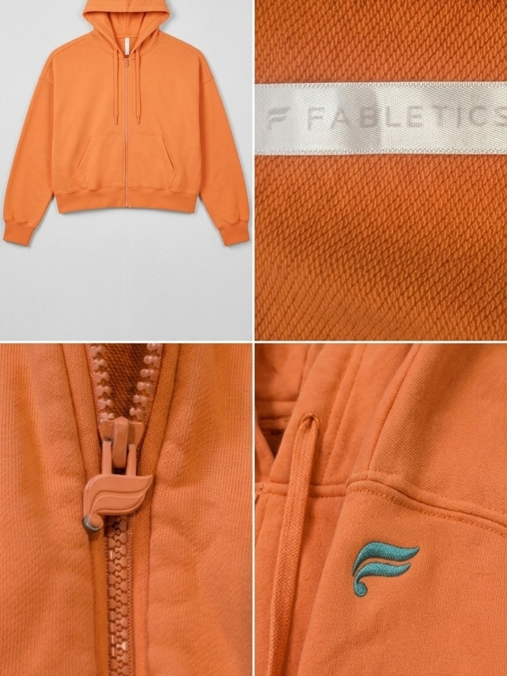 Fabletics Cropped Orange Full-Zip Hoodie with Teal Logo